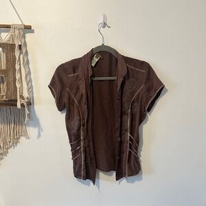 100% SILK Oriental Mauve Short Sleeve Button-Up Blouse